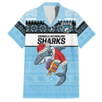 NRL Cronulla-Sutherland Christmas Personalised Family Matching Off Shoulder Maxi Dress and Hawaiian Shirt with Sharkies Santa