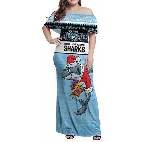 NRL Cronulla-Sutherland Christmas Personalised Family Matching Off Shoulder Maxi Dress and Hawaiian Shirt with Sharkies Santa
