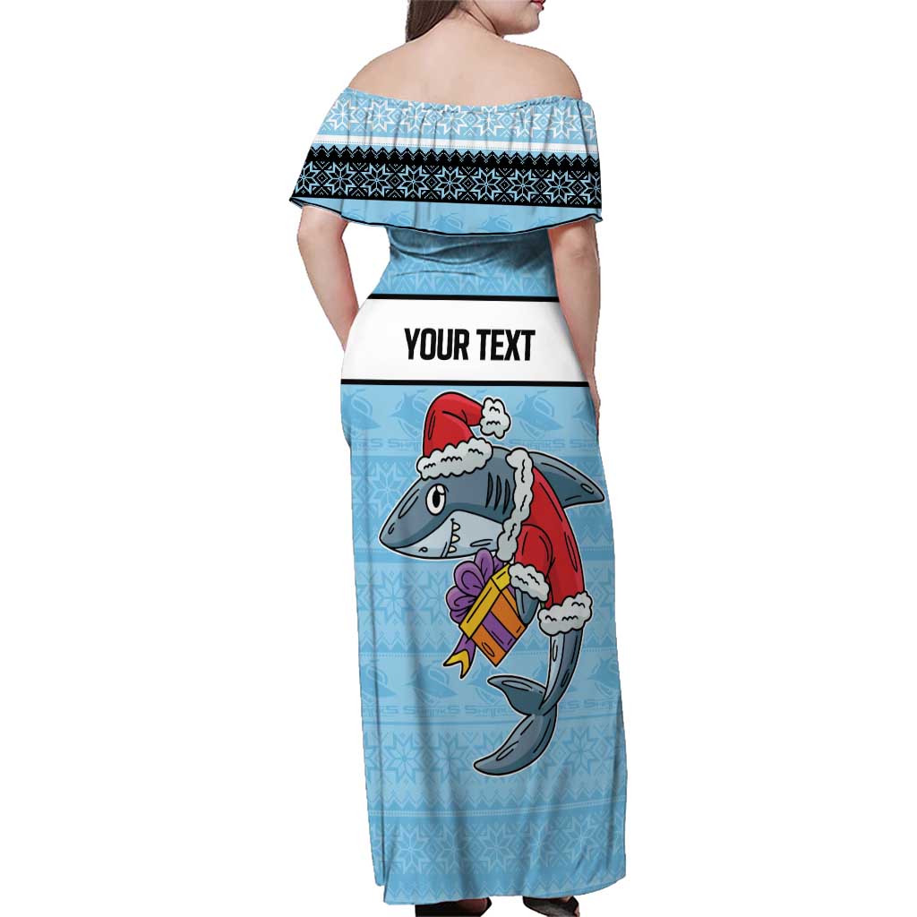 NRL Cronulla-Sutherland Christmas Personalised Family Matching Off Shoulder Maxi Dress and Hawaiian Shirt with Sharkies Santa