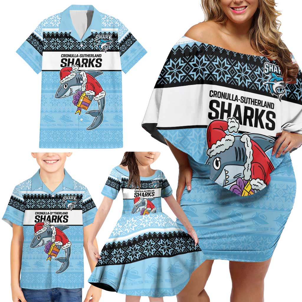 NRL Cronulla-Sutherland Christmas Personalised Family Matching Off Shoulder Short Dress and Hawaiian Shirt with Sharkies Santa
