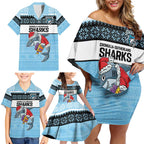 NRL Cronulla-Sutherland Christmas Personalised Family Matching Off Shoulder Short Dress and Hawaiian Shirt with Sharkies Santa