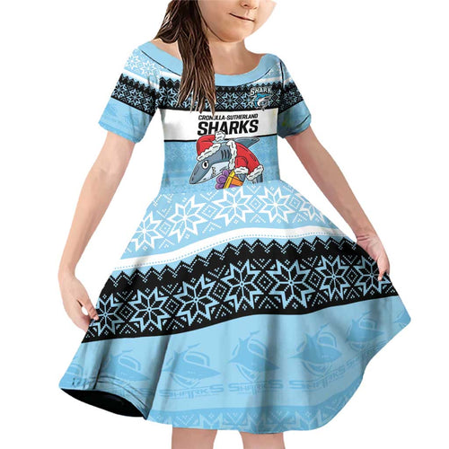 NRL Cronulla-Sutherland Christmas Personalised Family Matching Off Shoulder Short Dress and Hawaiian Shirt with Sharkies Santa