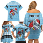 NRL Cronulla-Sutherland Christmas Personalised Family Matching Off Shoulder Short Dress and Hawaiian Shirt with Sharkies Santa