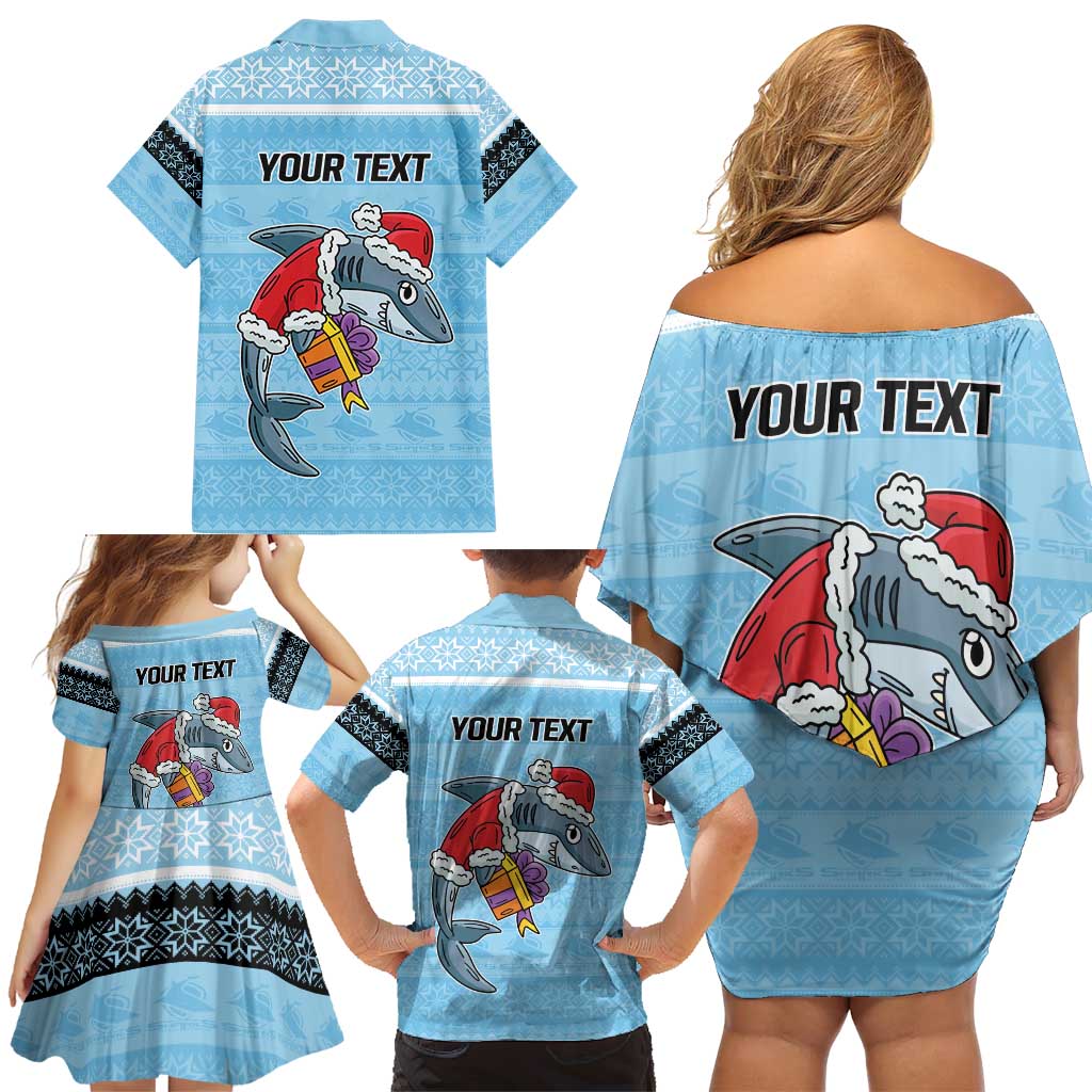 NRL Cronulla-Sutherland Christmas Personalised Family Matching Off Shoulder Short Dress and Hawaiian Shirt with Sharkies Santa