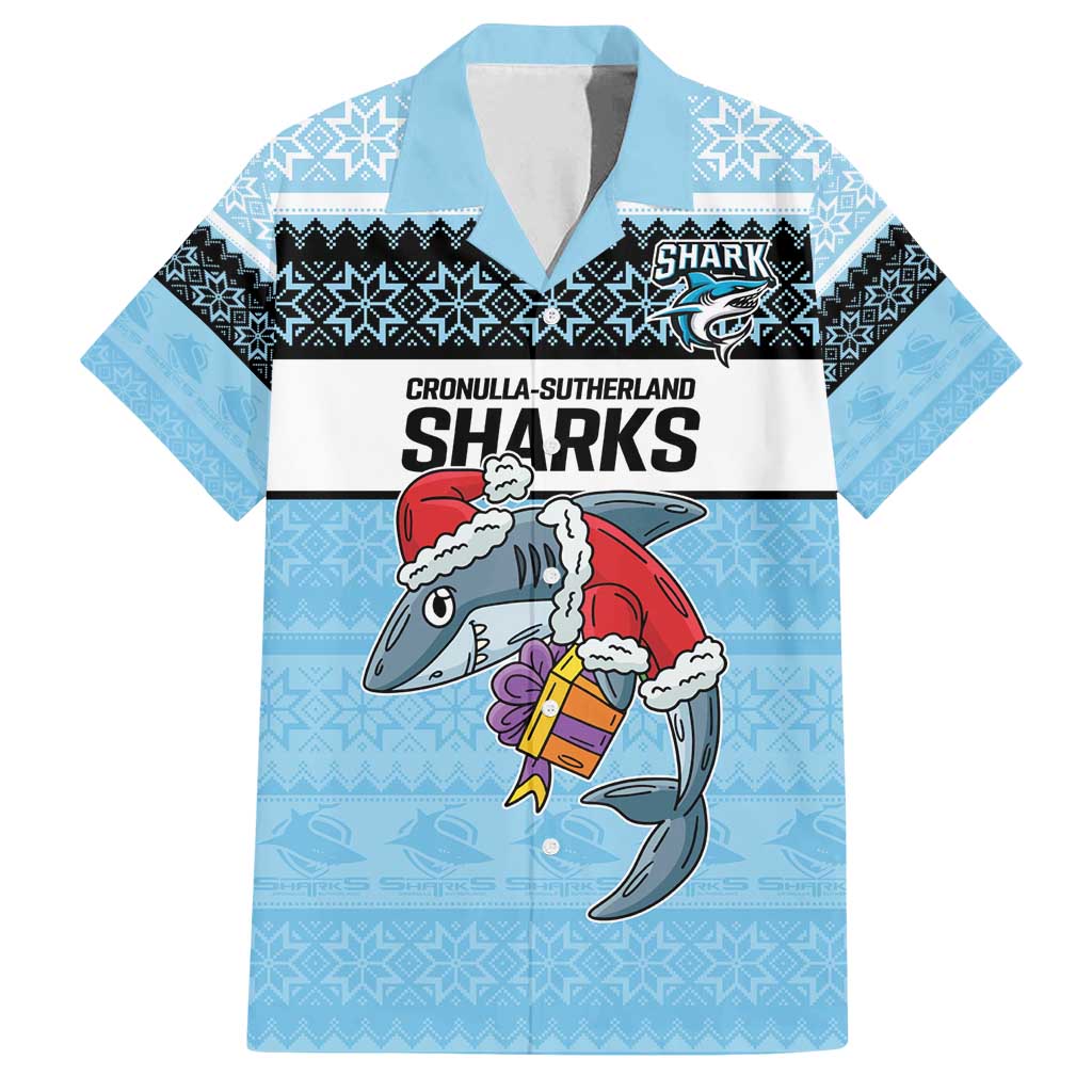 NRL Cronulla-Sutherland Christmas Personalised Family Matching Off Shoulder Short Dress and Hawaiian Shirt with Sharkies Santa