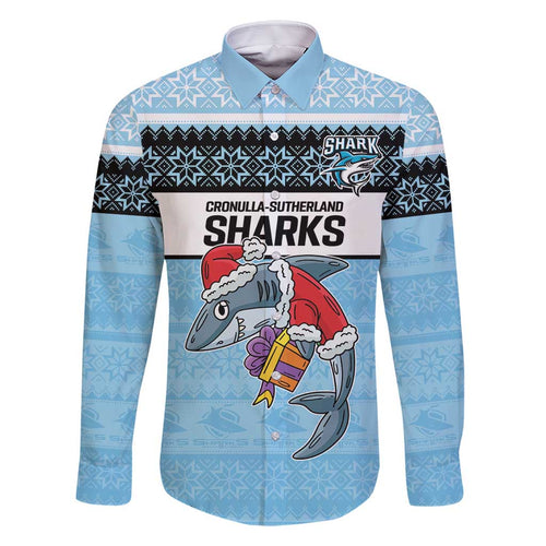 NRL Cronulla-Sutherland Christmas Personalised Family Matching Off Shoulder Short Dress and Hawaiian Shirt with Sharkies Santa