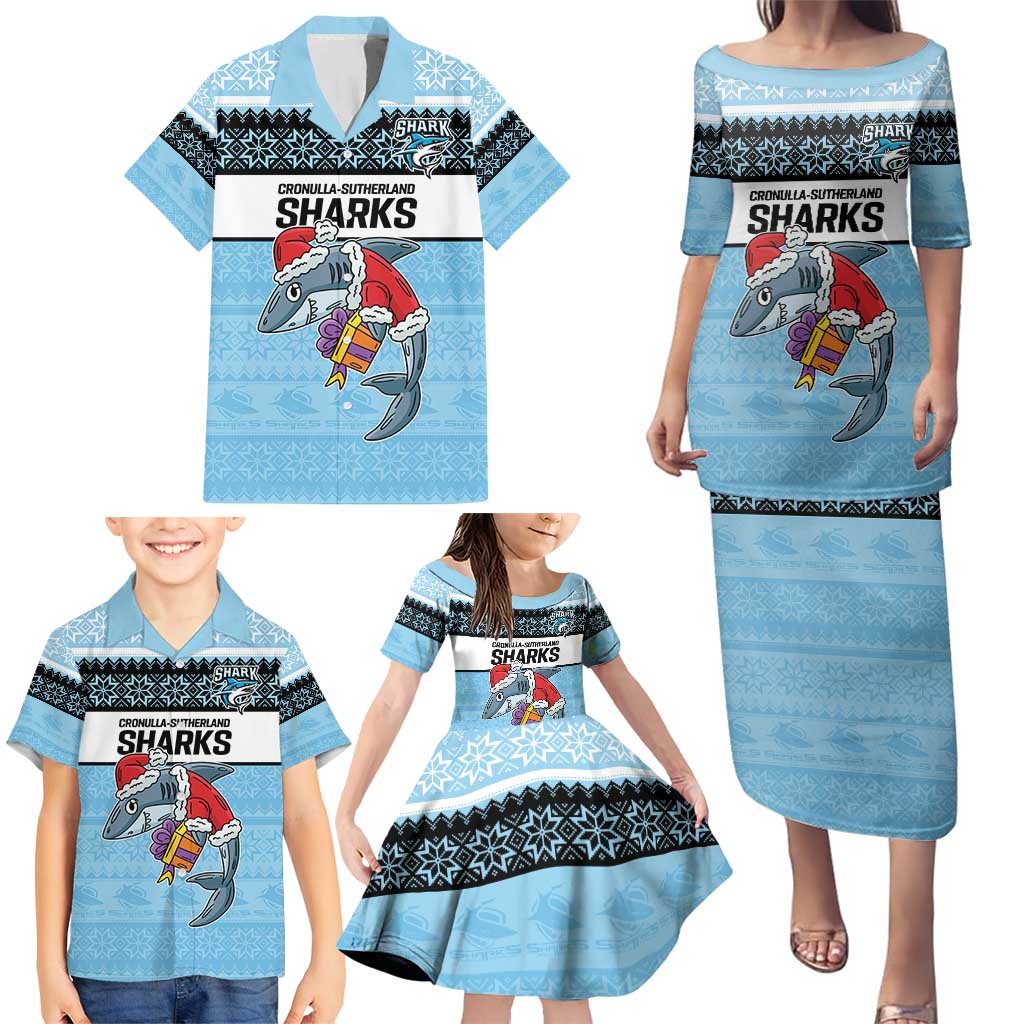 NRL Cronulla-Sutherland Christmas Personalised Family Matching Puletasi and Hawaiian Shirt with Sharkies Santa