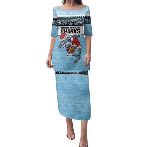 NRL Cronulla-Sutherland Christmas Personalised Family Matching Puletasi and Hawaiian Shirt with Sharkies Santa