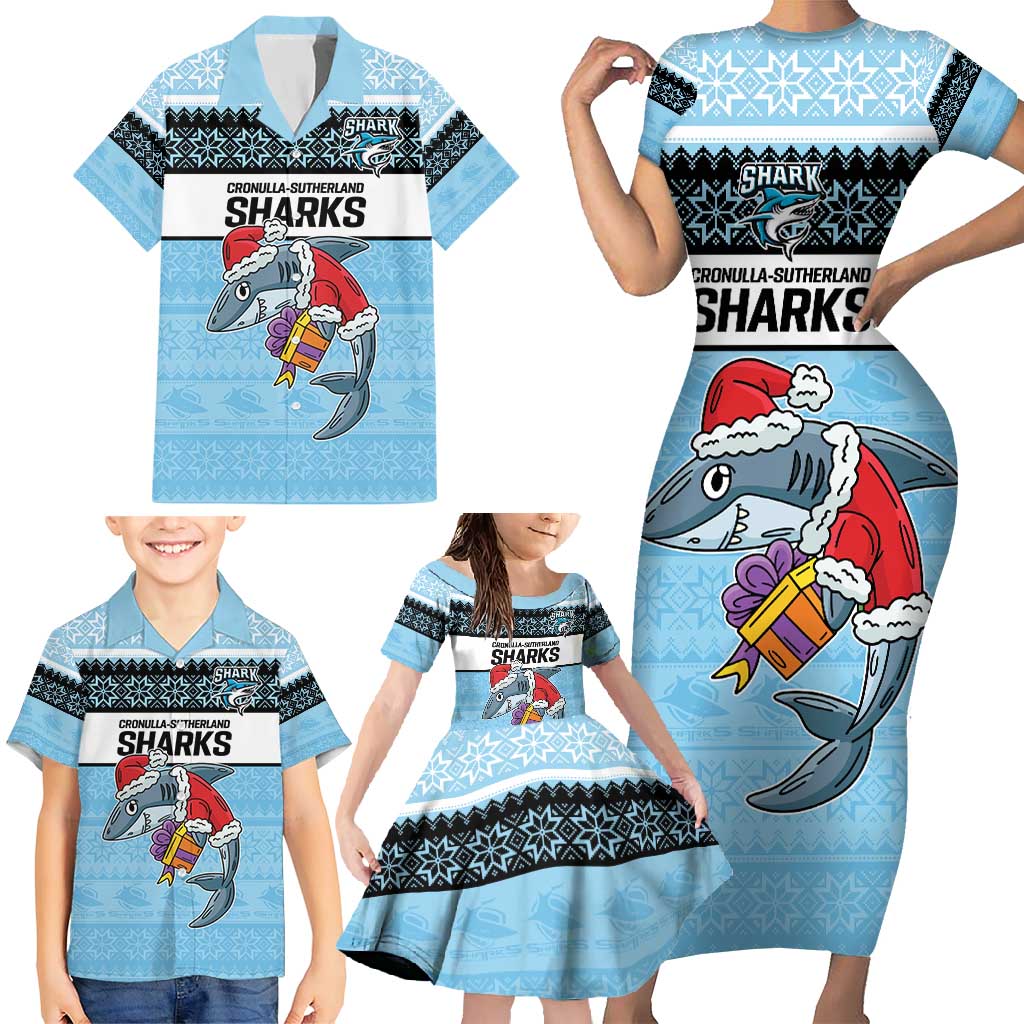 NRL Cronulla-Sutherland Christmas Personalised Family Matching Short Sleeve Bodycon Dress and Hawaiian Shirt with Sharkies Santa