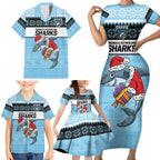 NRL Cronulla-Sutherland Christmas Personalised Family Matching Short Sleeve Bodycon Dress and Hawaiian Shirt with Sharkies Santa