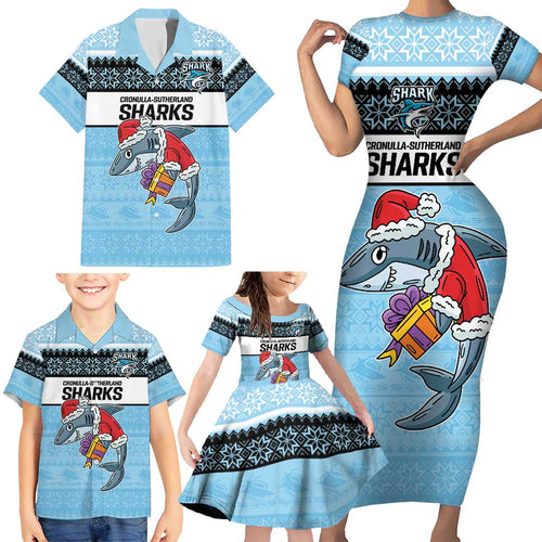 NRL Cronulla-Sutherland Christmas Personalised Family Matching Short Sleeve Bodycon Dress and Hawaiian Shirt with Sharkies Santa