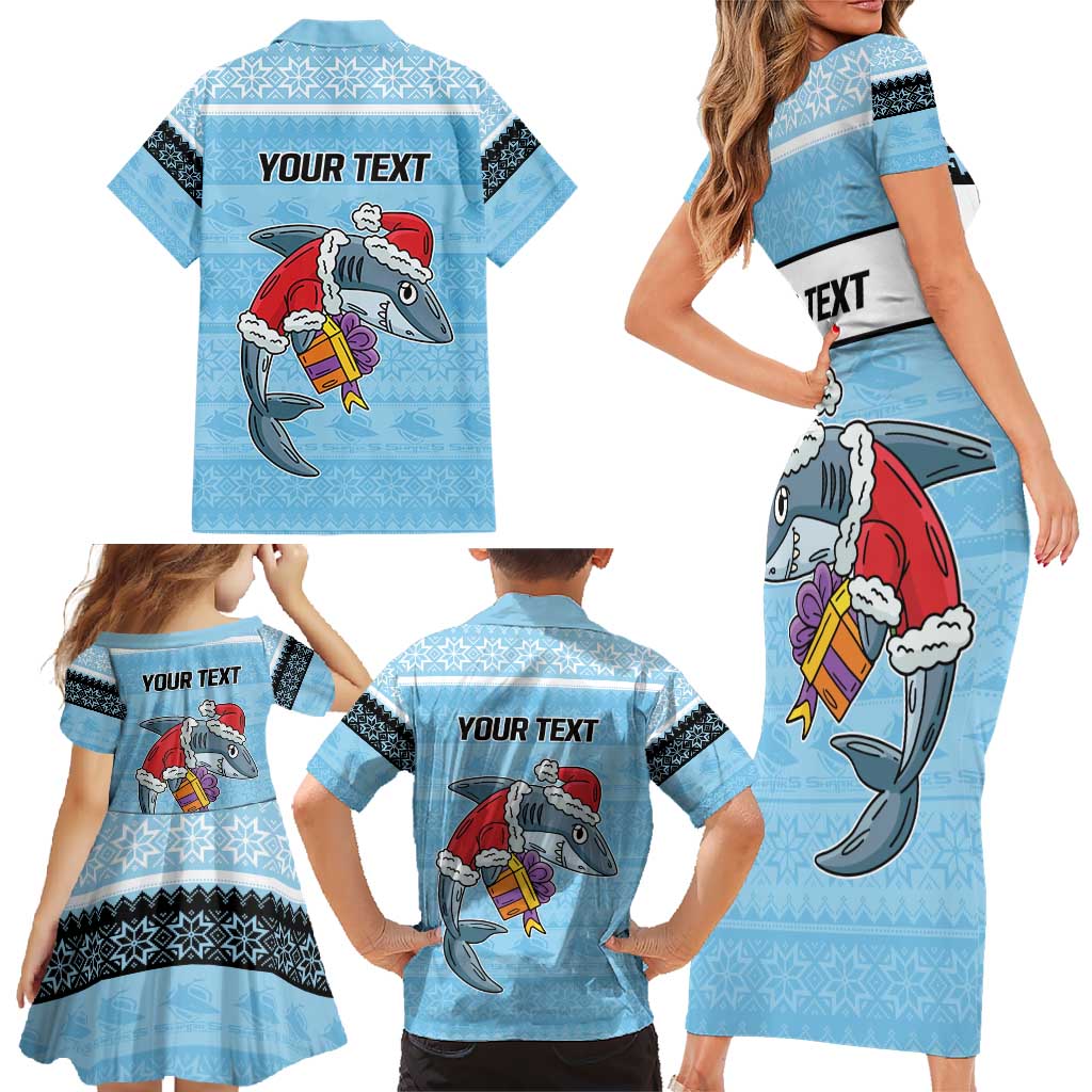 NRL Cronulla-Sutherland Christmas Personalised Family Matching Short Sleeve Bodycon Dress and Hawaiian Shirt with Sharkies Santa