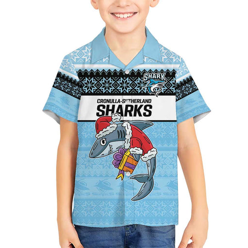 NRL Cronulla-Sutherland Christmas Personalised Family Matching Short Sleeve Bodycon Dress and Hawaiian Shirt with Sharkies Santa