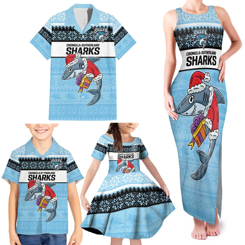 NRL Cronulla-Sutherland Christmas Personalised Family Matching Tank Maxi Dress and Hawaiian Shirt with Sharkies Santa