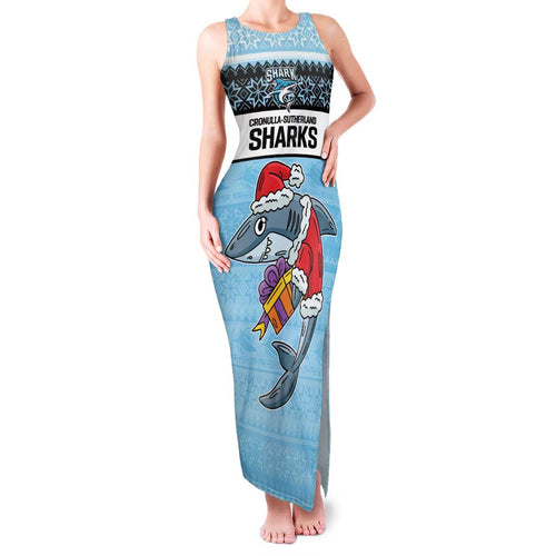 NRL Cronulla-Sutherland Christmas Personalised Family Matching Tank Maxi Dress and Hawaiian Shirt with Sharkies Santa