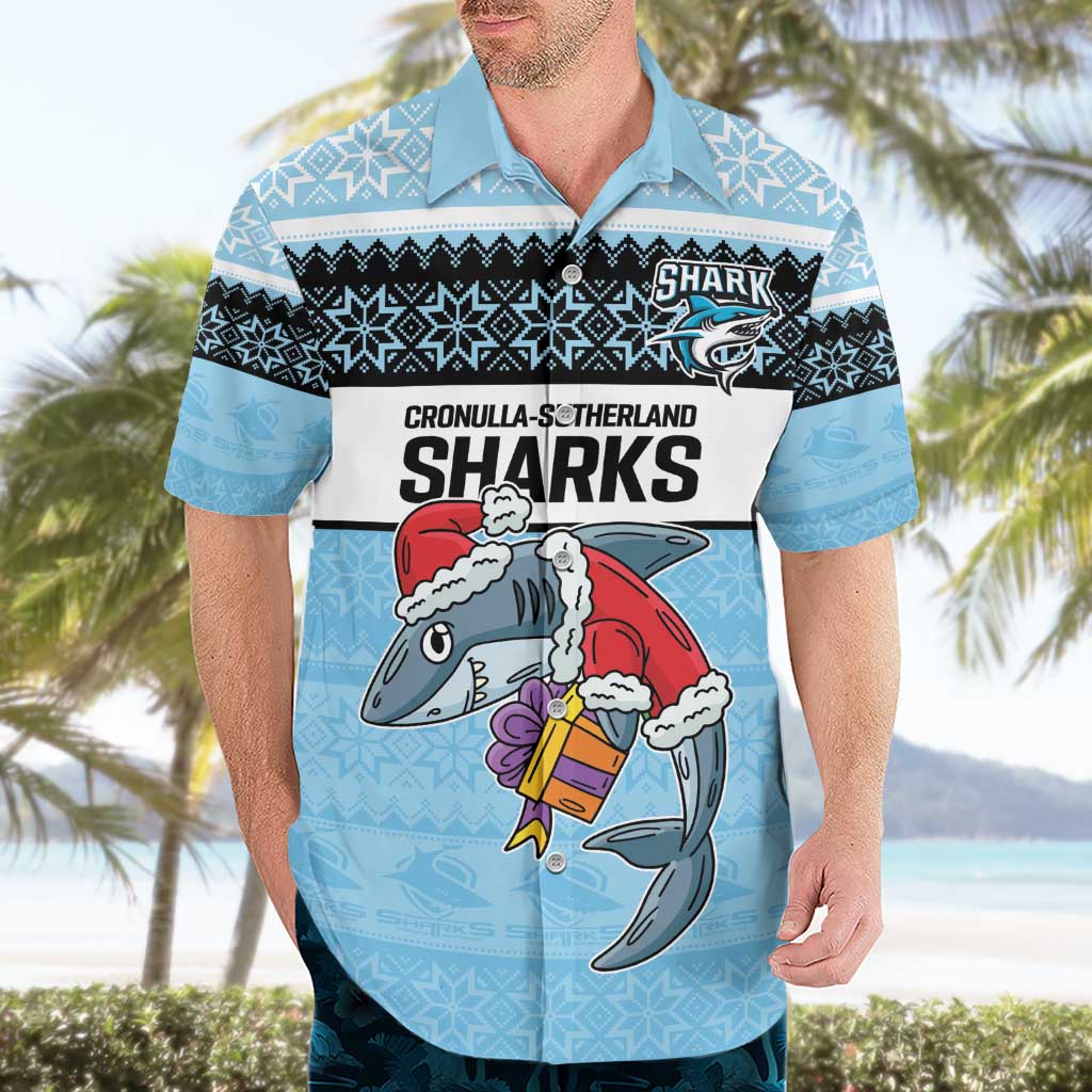 NRL Cronulla-Sutherland Christmas Personalised Hawaiian Shirt with Sharkies Santa