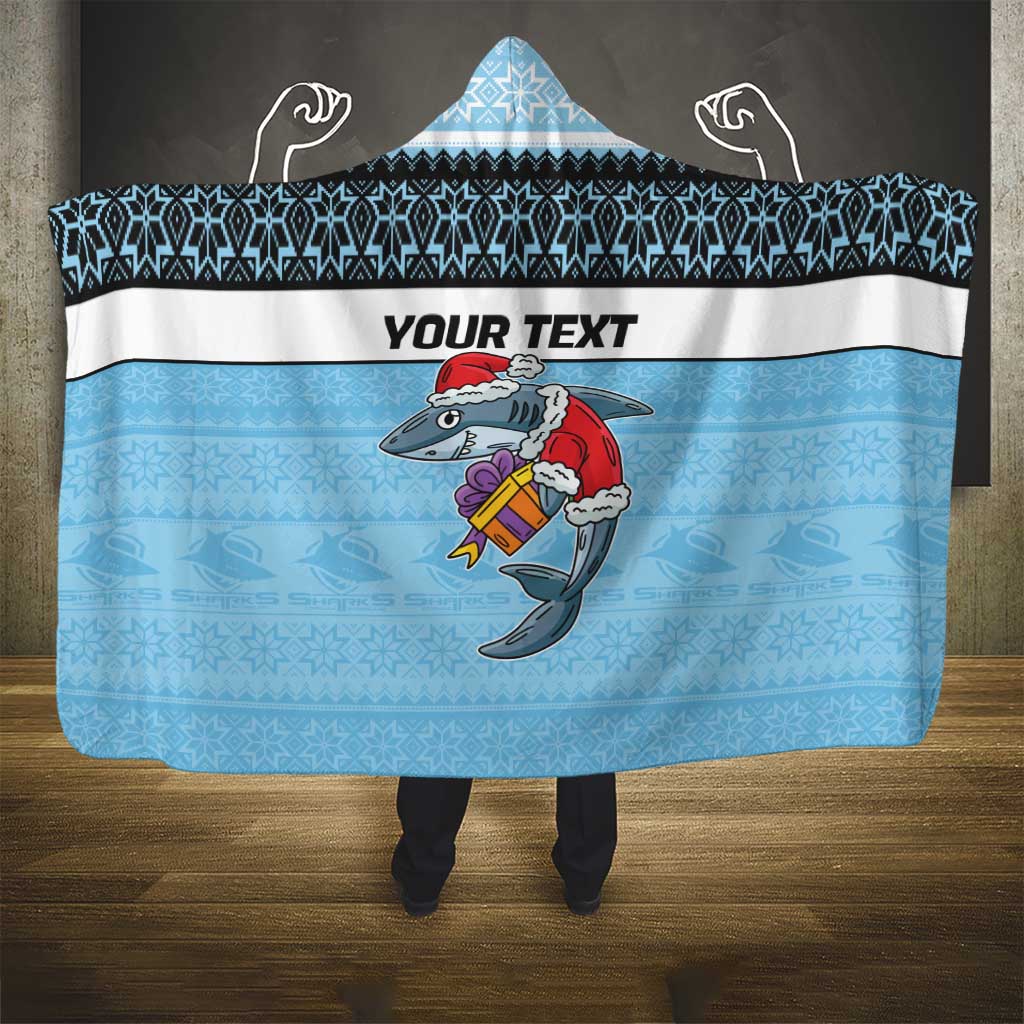 NRL Cronulla-Sutherland Christmas Personalised Hooded Blanket with Sharkies Santa