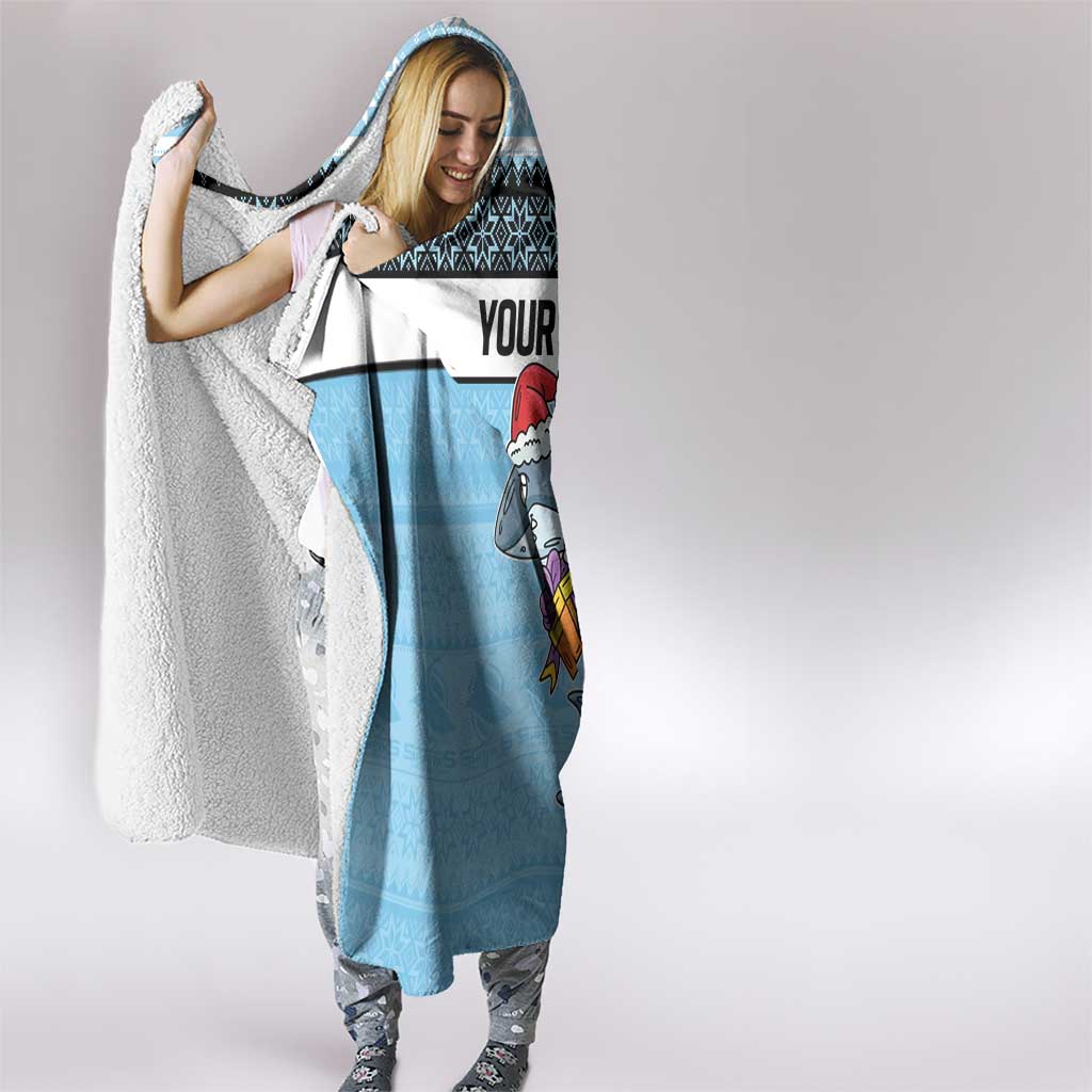 NRL Cronulla-Sutherland Christmas Personalised Hooded Blanket with Sharkies Santa