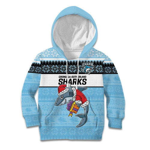 NRL Cronulla-Sutherland Christmas Personalised Kid Hoodie with Sharkies Santa