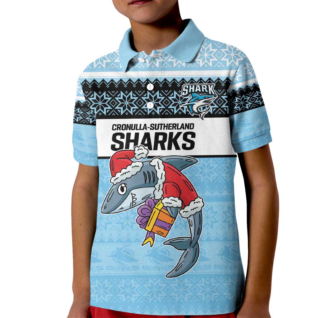 NRL Cronulla-Sutherland Christmas Personalised Kid Polo Shirt with Sharkies Santa