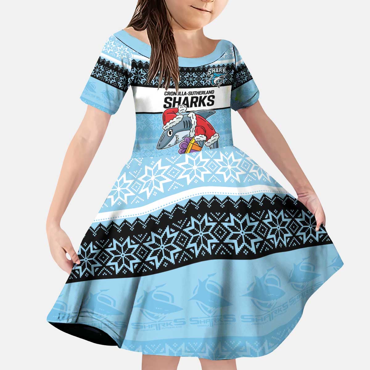 NRL Cronulla-Sutherland Christmas Personalised Kid Short Sleeve Dress with Sharkies Santa