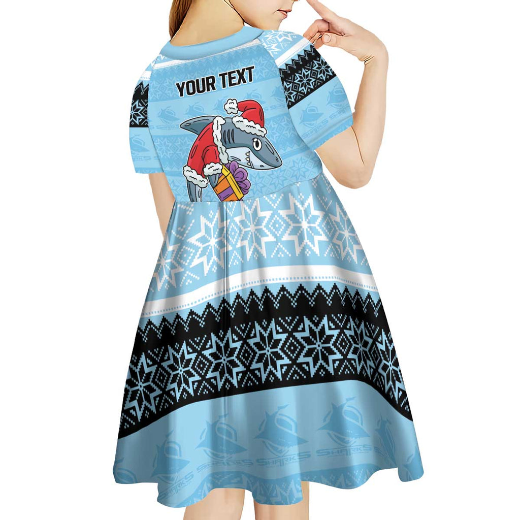 NRL Cronulla-Sutherland Christmas Personalised Kid Short Sleeve Dress with Sharkies Santa