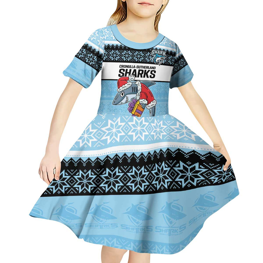 NRL Cronulla-Sutherland Christmas Personalised Kid Short Sleeve Dress with Sharkies Santa