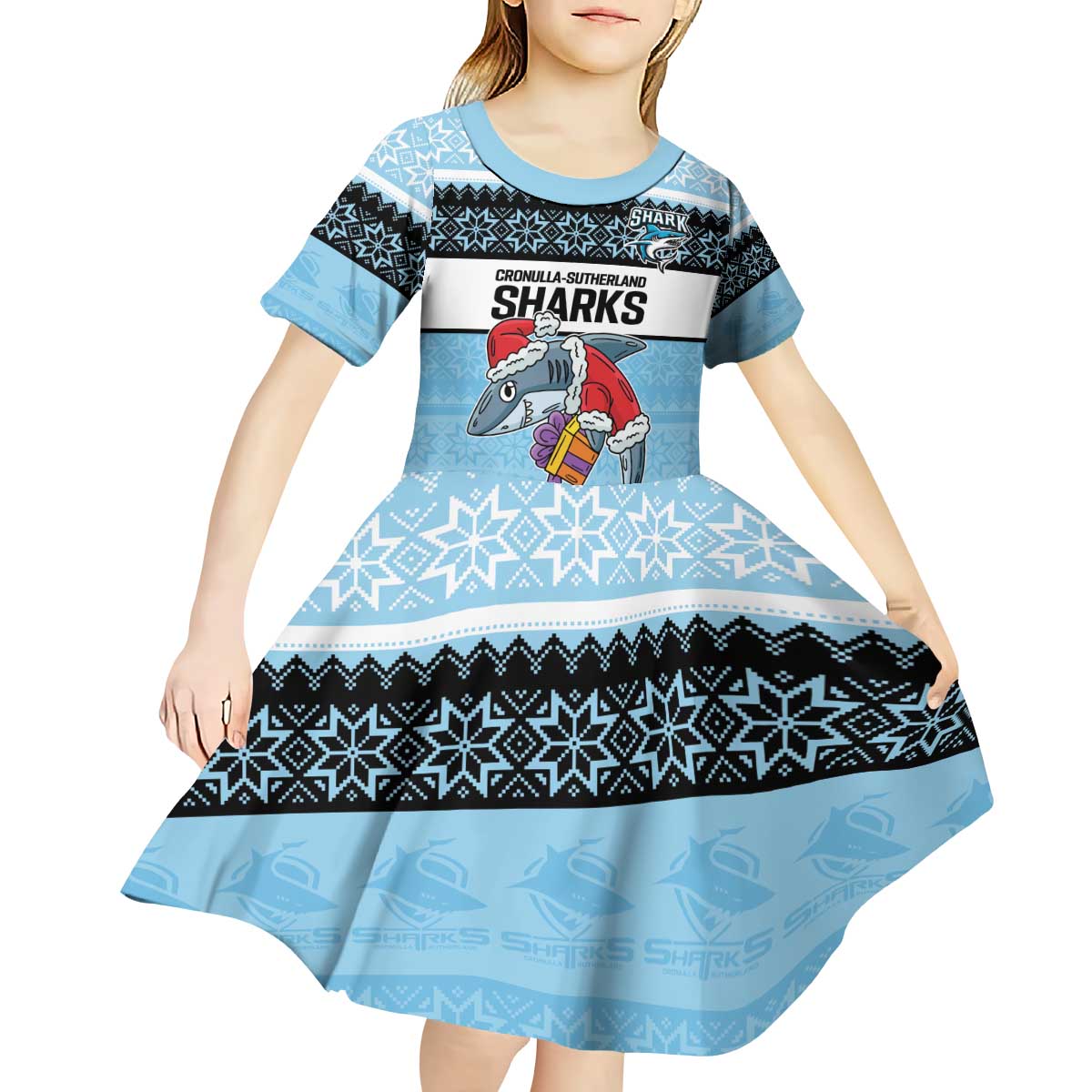 NRL Cronulla-Sutherland Christmas Personalised Kid Short Sleeve Dress with Sharkies Santa
