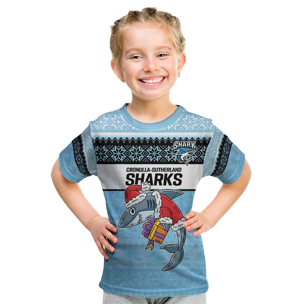 NRL Cronulla-Sutherland Christmas Personalised Kid T Shirt with Sharkies Santa