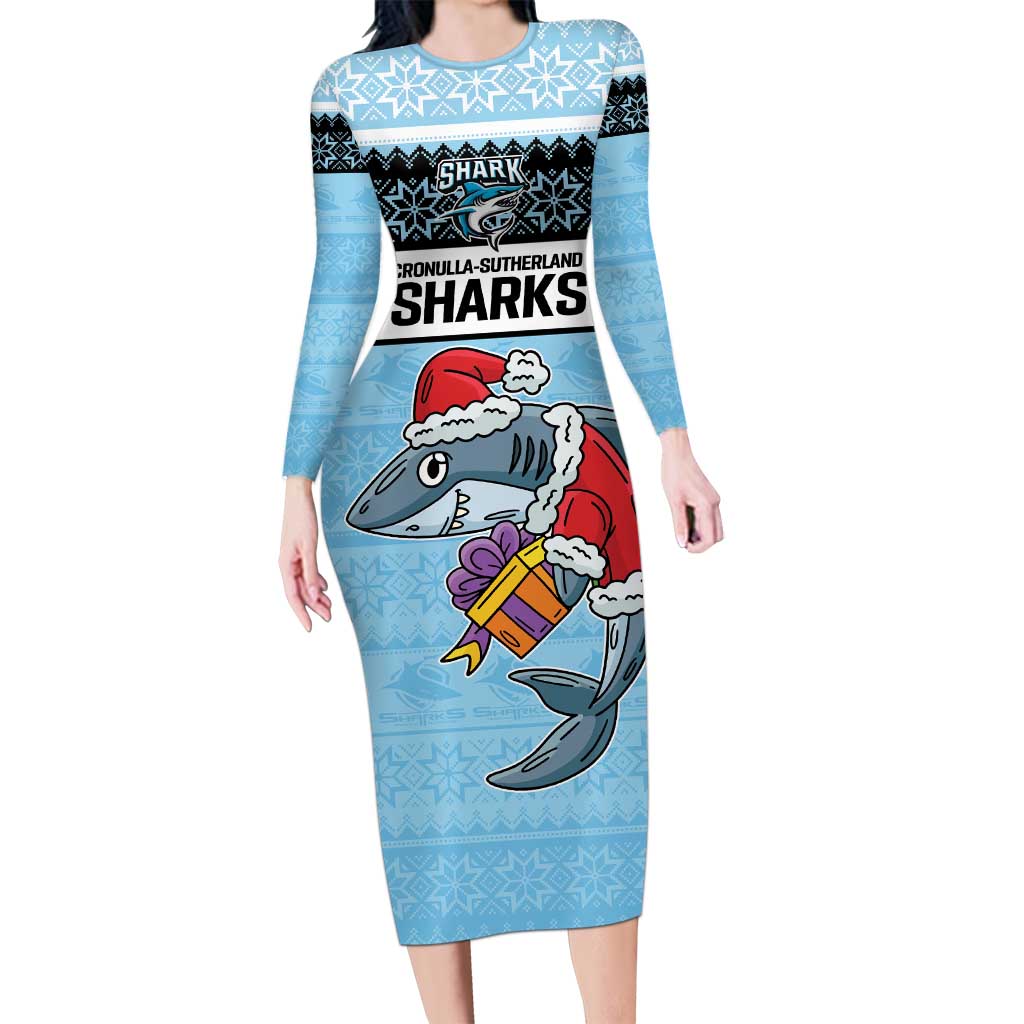 NRL Cronulla-Sutherland Christmas Personalised Long Sleeve Bodycon Dress with Sharkies Santa