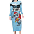 NRL Cronulla-Sutherland Christmas Personalised Long Sleeve Bodycon Dress with Sharkies Santa