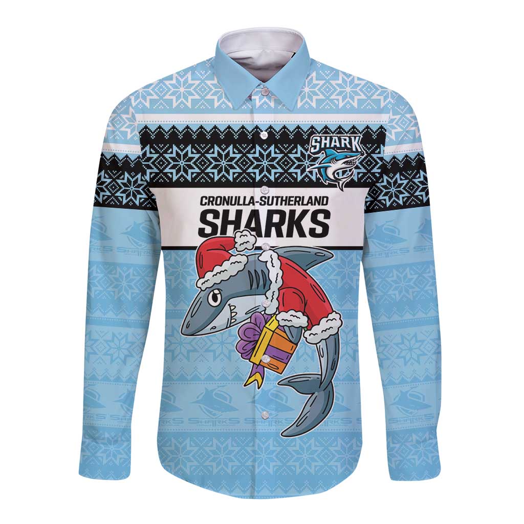 NRL Cronulla-Sutherland Christmas Personalised Long Sleeve Button Shirt with Sharkies Santa