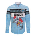 NRL Cronulla-Sutherland Christmas Personalised Long Sleeve Button Shirt with Sharkies Santa