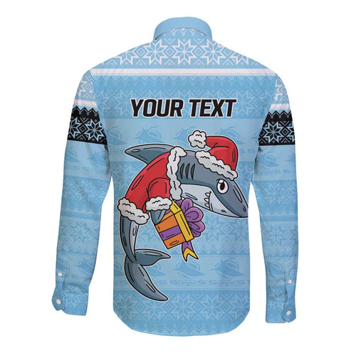 NRL Cronulla-Sutherland Christmas Personalised Long Sleeve Button Shirt with Sharkies Santa