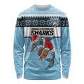 NRL Cronulla-Sutherland Christmas Personalised Long Sleeve Shirt with Sharkies Santa