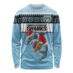 NRL Cronulla-Sutherland Christmas Personalised Long Sleeve Shirt with Sharkies Santa