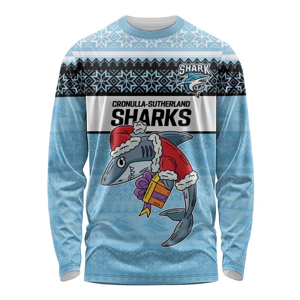 NRL Cronulla-Sutherland Christmas Personalised Long Sleeve Shirt with Sharkies Santa
