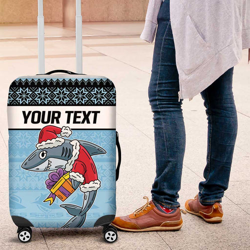 NRL Cronulla-Sutherland Christmas Personalised Luggage Cover with Sharkies Santa