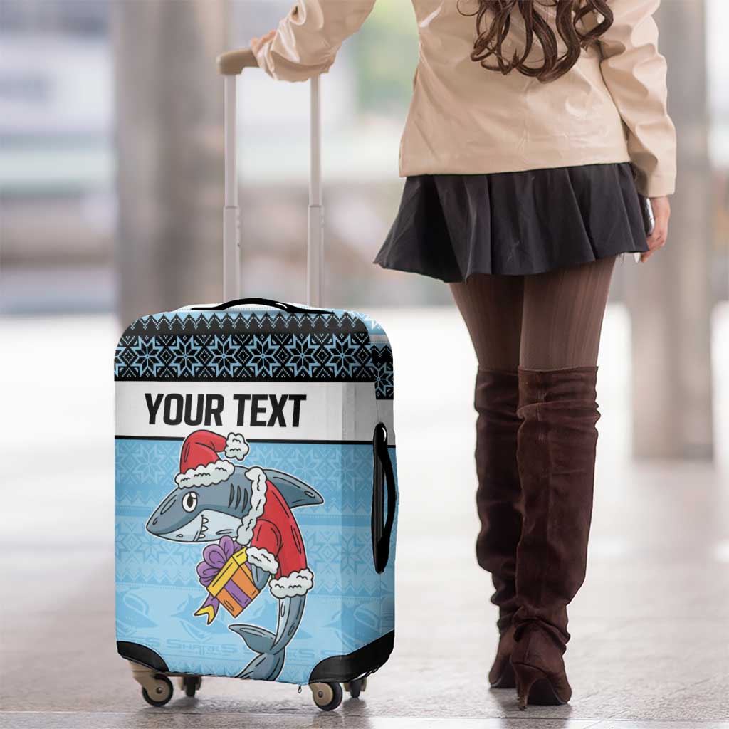 NRL Cronulla-Sutherland Christmas Personalised Luggage Cover with Sharkies Santa