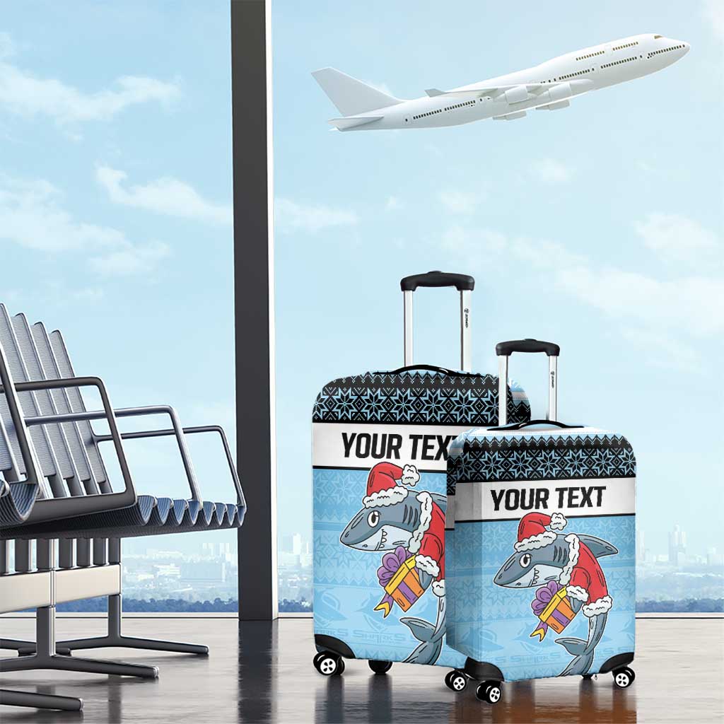 NRL Cronulla-Sutherland Christmas Personalised Luggage Cover with Sharkies Santa