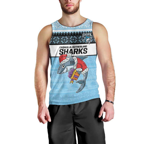 NRL Cronulla-Sutherland Christmas Personalised Men Tank Top with Sharkies Santa