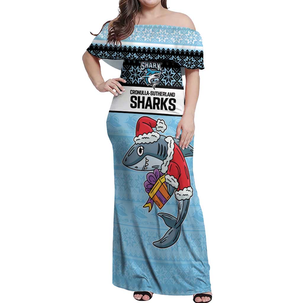 NRL Cronulla-Sutherland Christmas Personalised Off Shoulder Maxi Dress with Sharkies Santa
