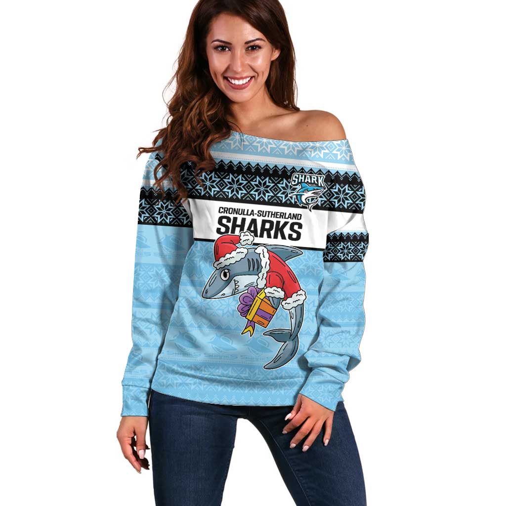 NRL Cronulla-Sutherland Christmas Personalised Off Shoulder Sweater with Sharkies Santa