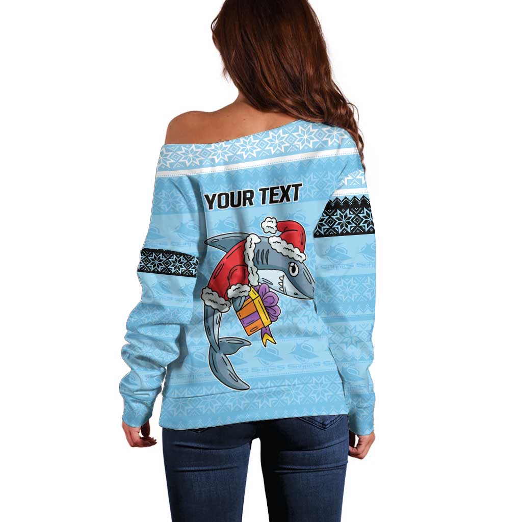 NRL Cronulla-Sutherland Christmas Personalised Off Shoulder Sweater with Sharkies Santa
