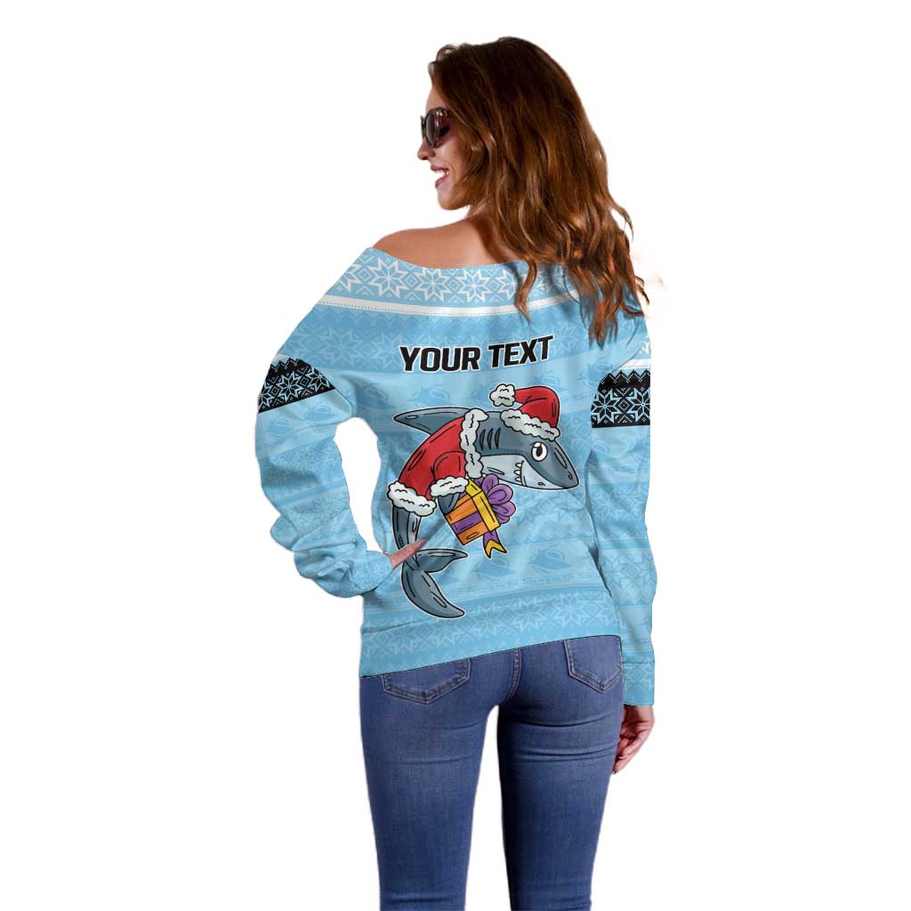 NRL Cronulla-Sutherland Christmas Personalised Off Shoulder Sweater with Sharkies Santa