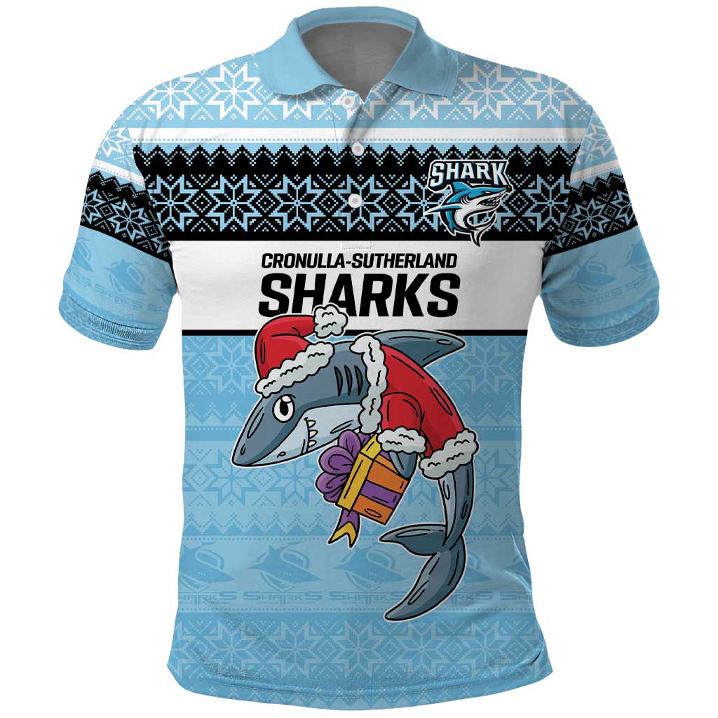 NRL Cronulla-Sutherland Christmas Personalised Polo Shirt with Sharkies Santa