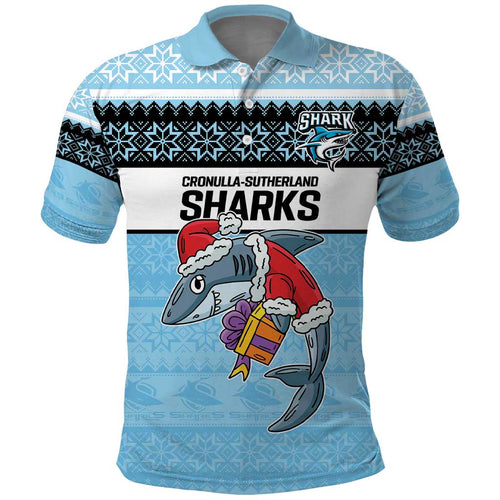 NRL Cronulla-Sutherland Christmas Personalised Polo Shirt with Sharkies Santa