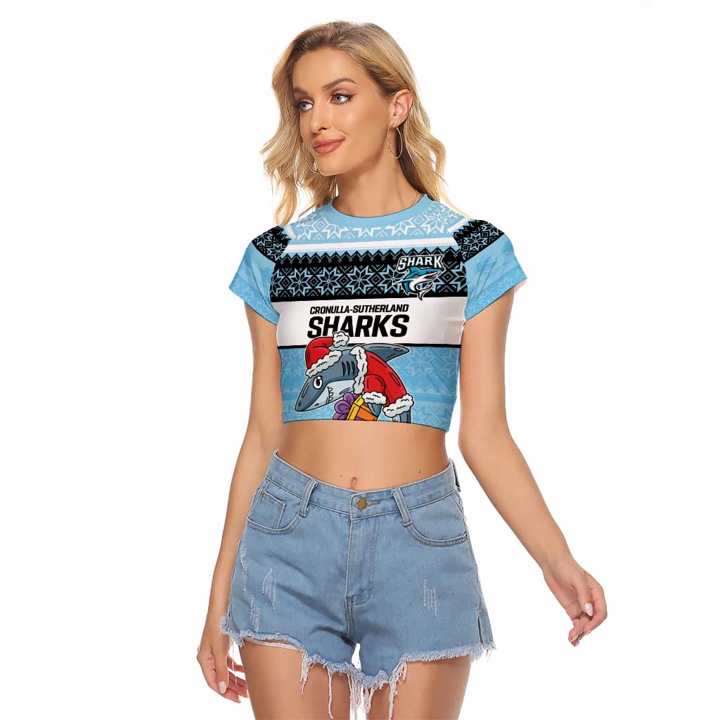 NRL Cronulla-Sutherland Christmas Personalised Raglan Cropped T Shirt with Sharkies Santa