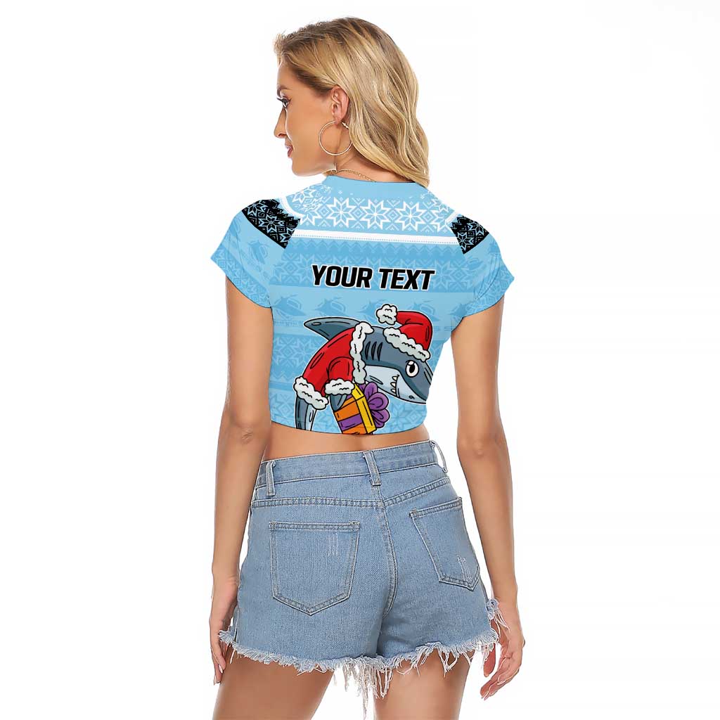 NRL Cronulla-Sutherland Christmas Personalised Raglan Cropped T Shirt with Sharkies Santa