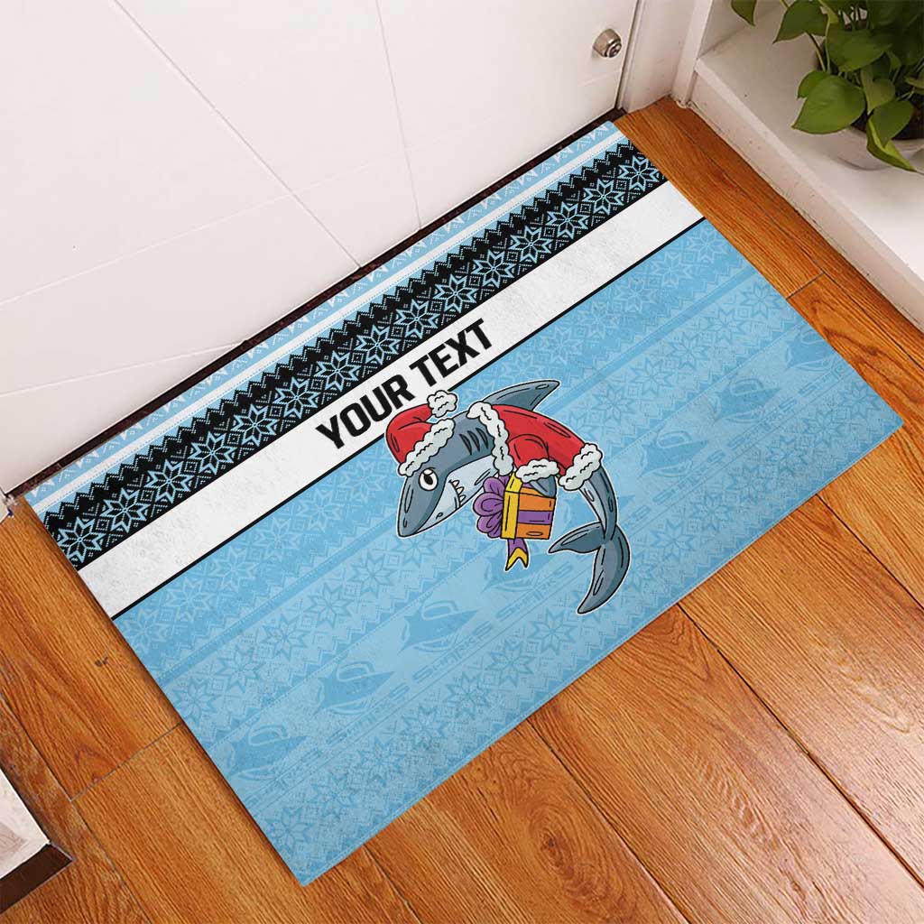 NRL Cronulla-Sutherland Christmas Personalised Rubber Doormat with Sharkies Santa